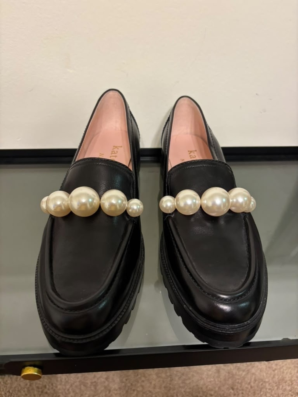 kate spade Black Pearl-Trim Leather Loafers